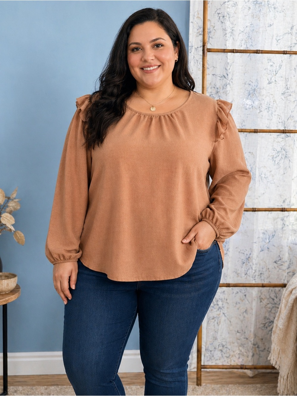Woven Ruffle Shoulder Blouse - Tan / Brown 4XL - Picture 3 of 4